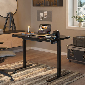 Glass Tabletop Electric Standing Desk w/ Wireless charger,Drawer-Dual Motor,2 Stage