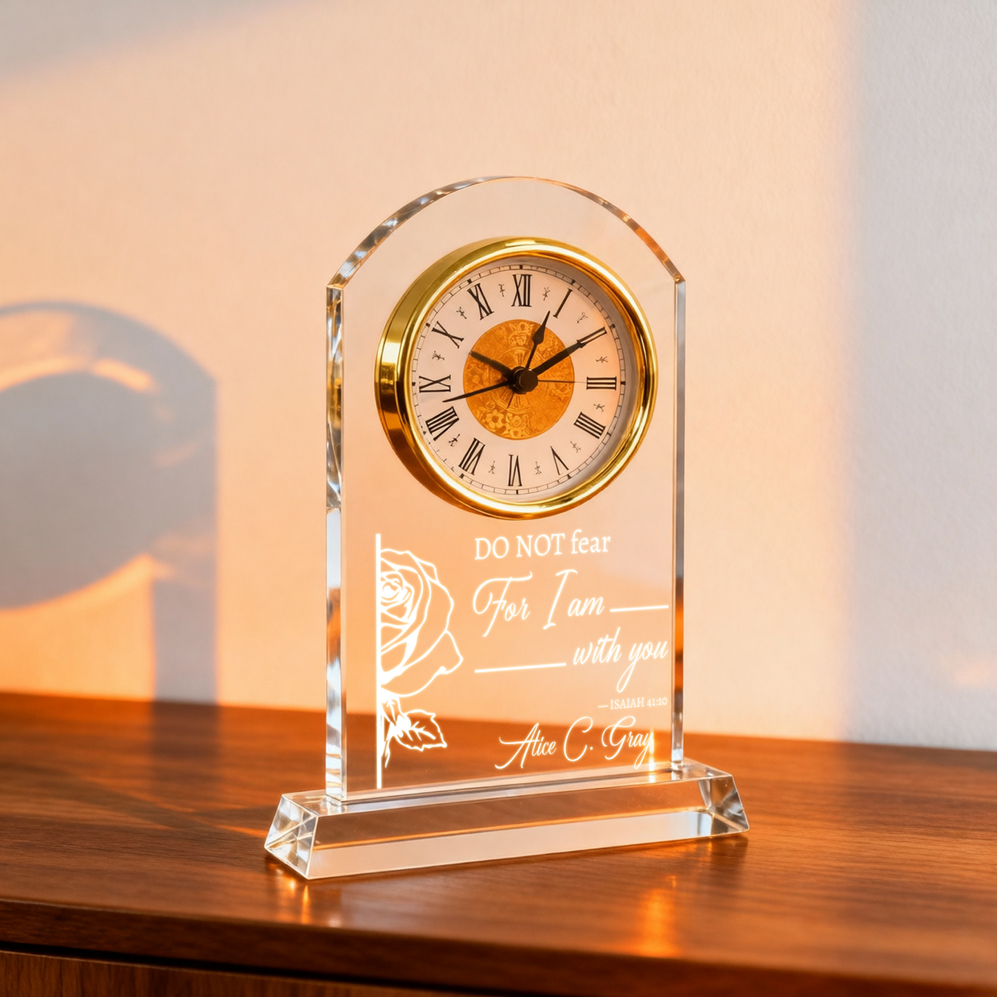Personalized Crystal Clock Engraved Birth Flower & Text, Birthday Mother's Day Gift for Woman