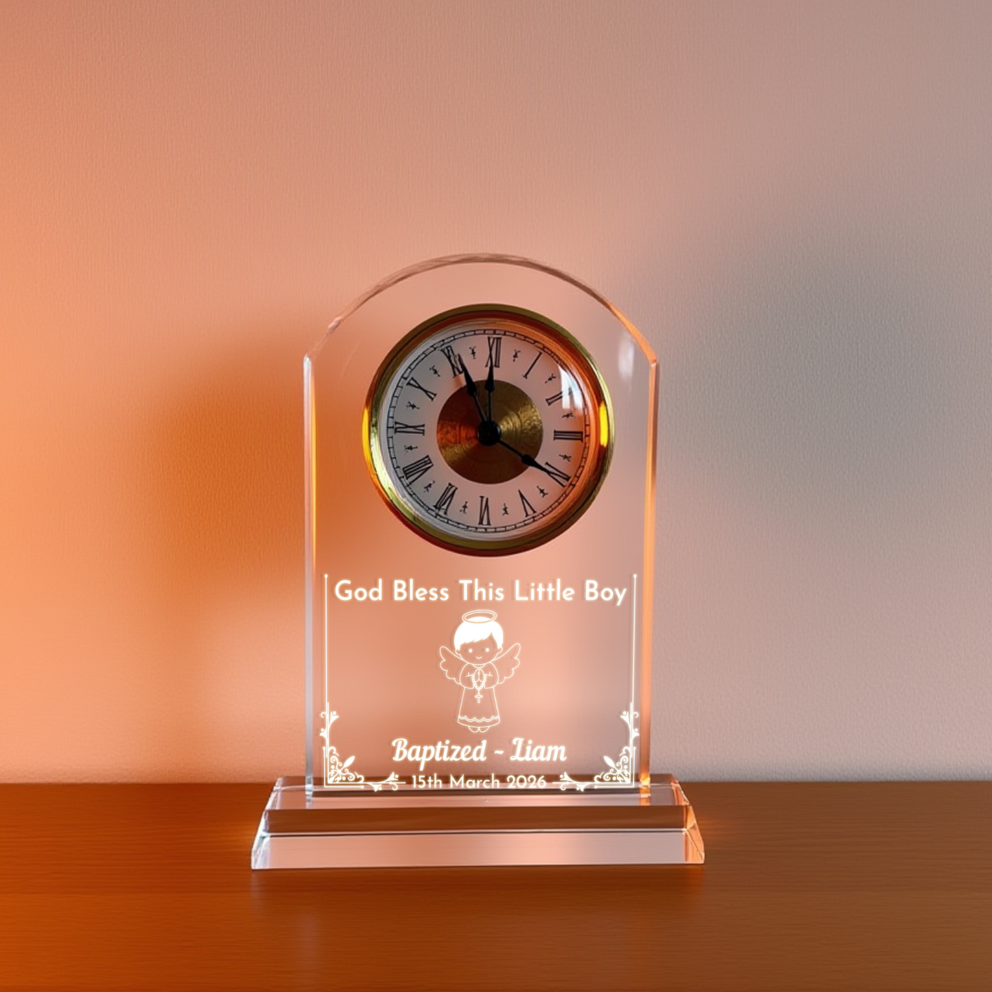 Personalized Crystal Clock for Baptism Gift, God Loves and Blesses You Always