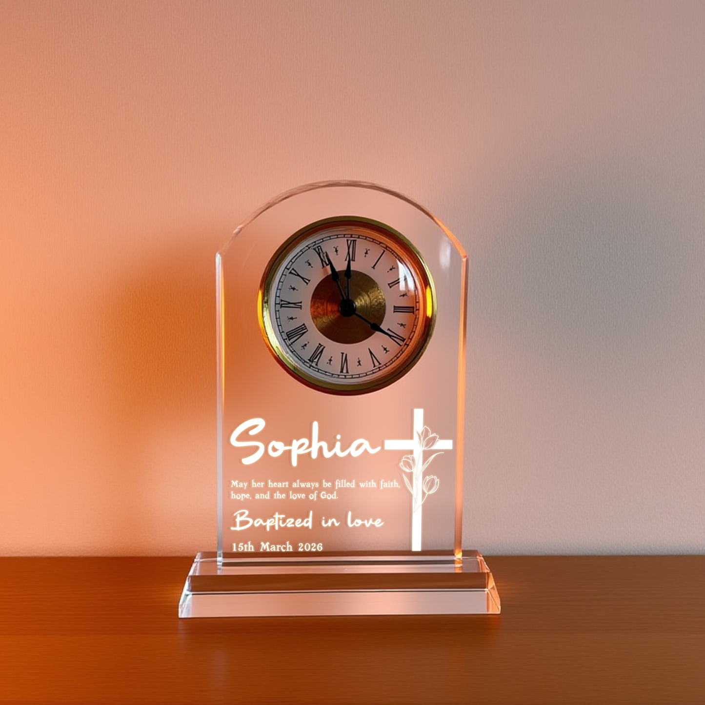 Personalized Crystal Clock for Baptism Gift, God Loves and Blesses You Always