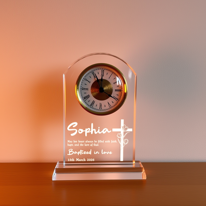 Personalized Crystal Clock for Baptism Gift, God Loves and Blesses You Always
