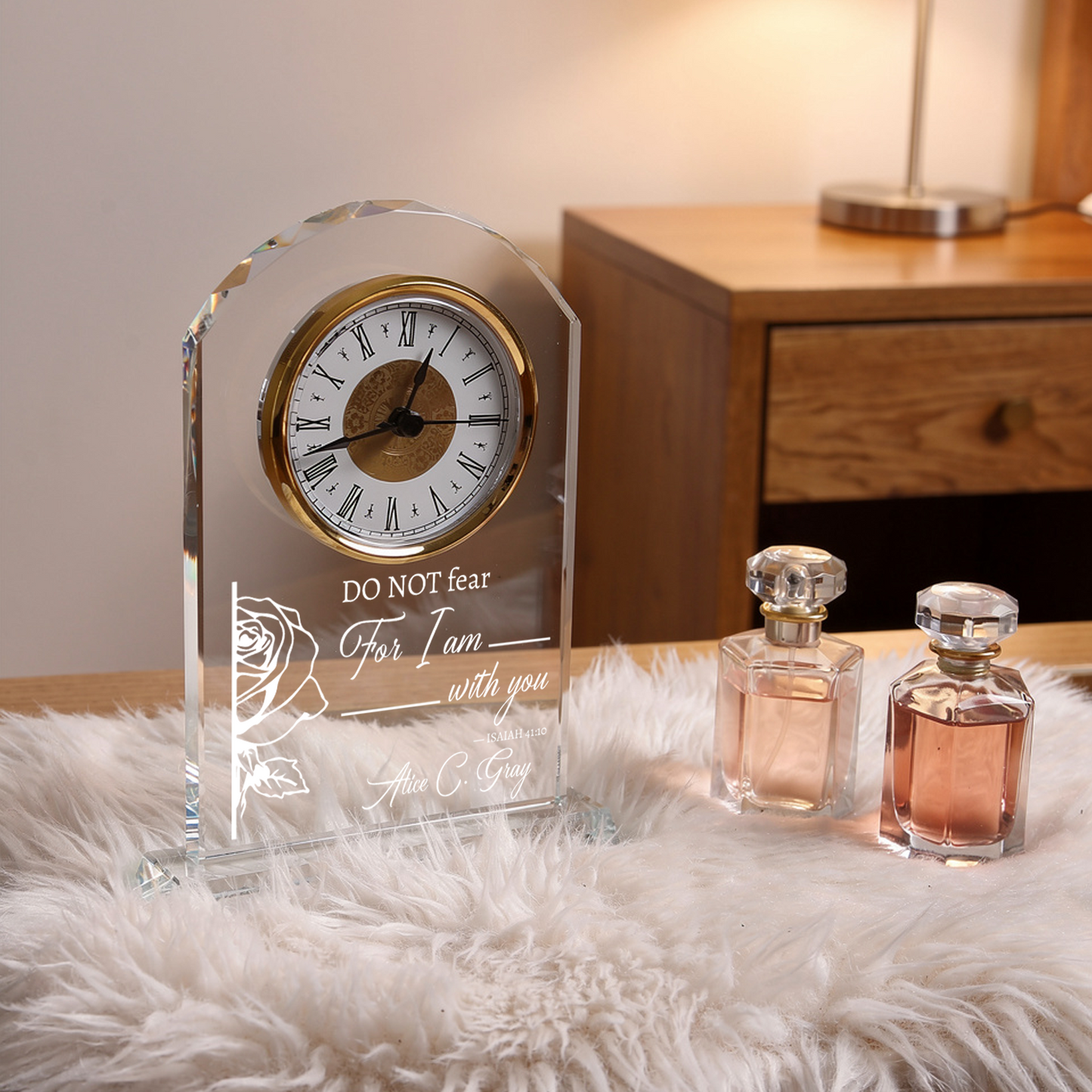 Personalized Crystal Clock Engraved Birth Flower & Text, Birthday Mother's Day Gift for Woman