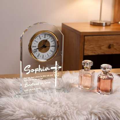 Personalized Crystal Clock for Baptism Gift, God Loves and Blesses You Always