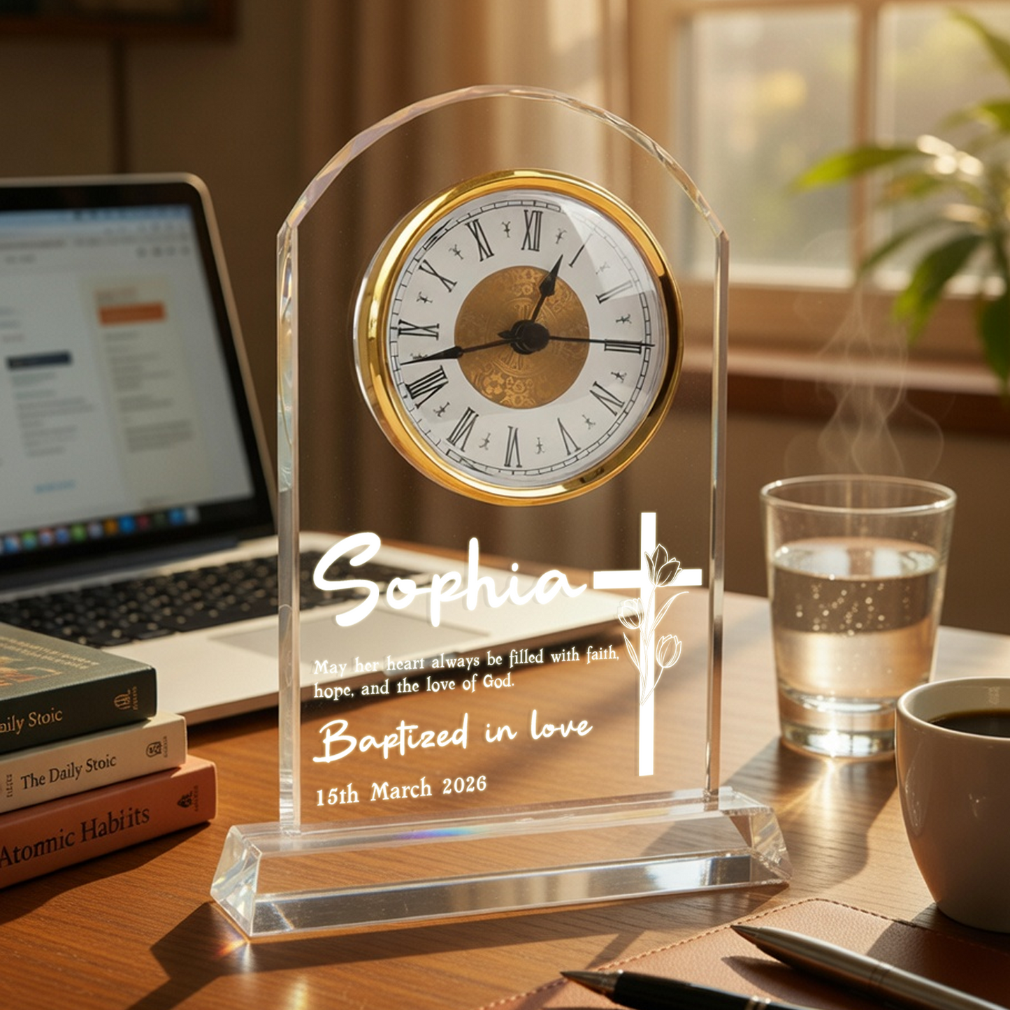 Personalized Crystal Clock for Baptism Gift, God Loves and Blesses You Always