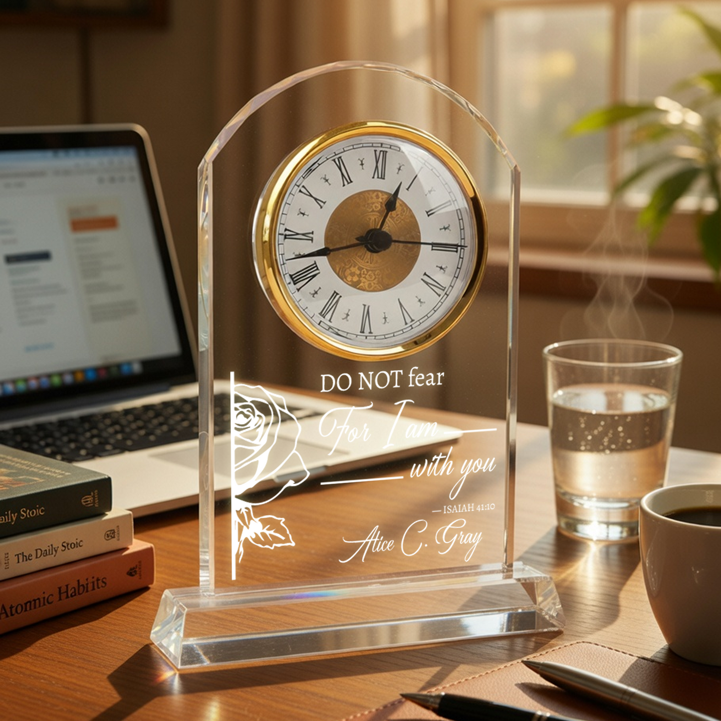 Personalized Crystal Clock Engraved Birth Flower & Text, Birthday Mother's Day Gift for Woman