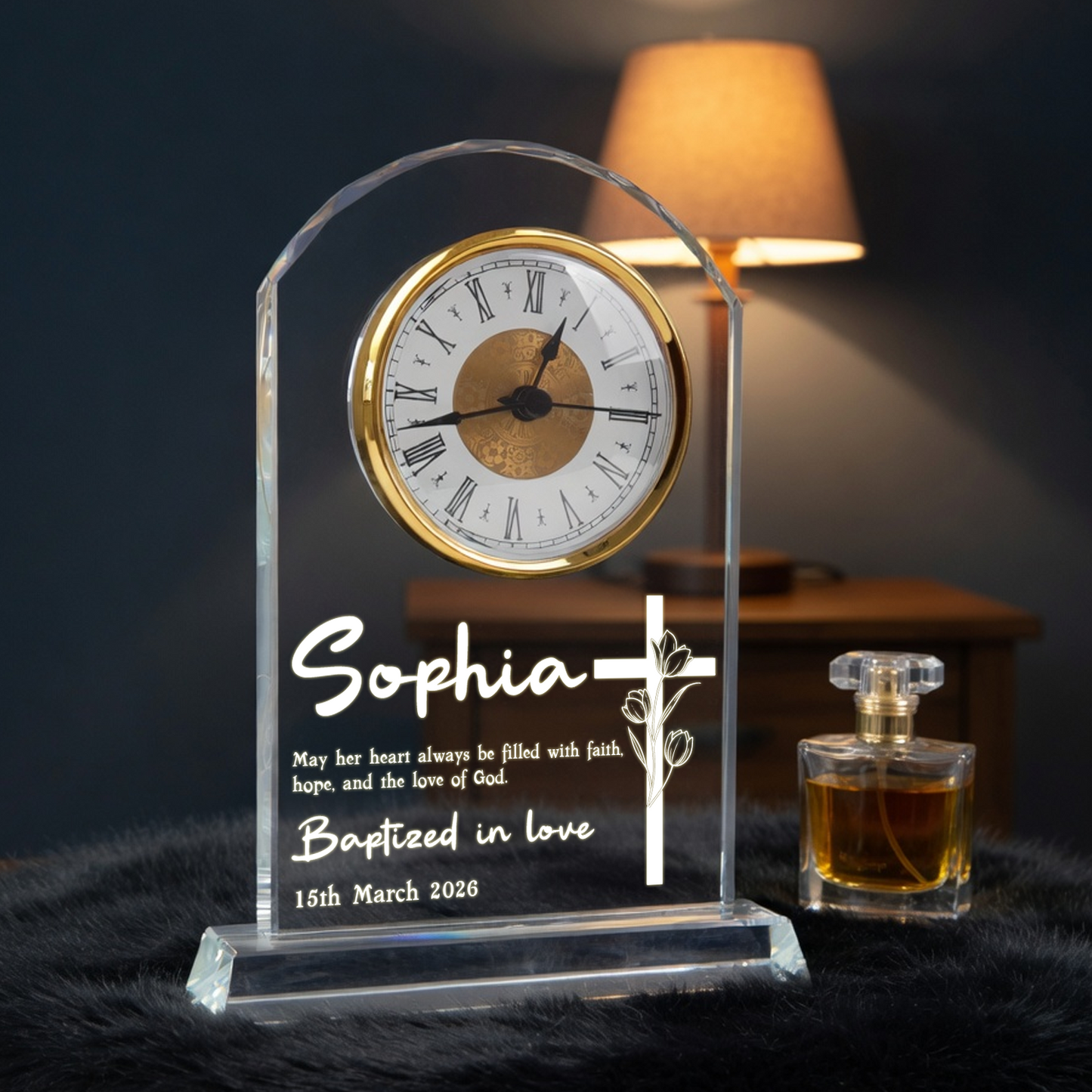 Personalized Crystal Clock for Baptism Gift, God Loves and Blesses You Always