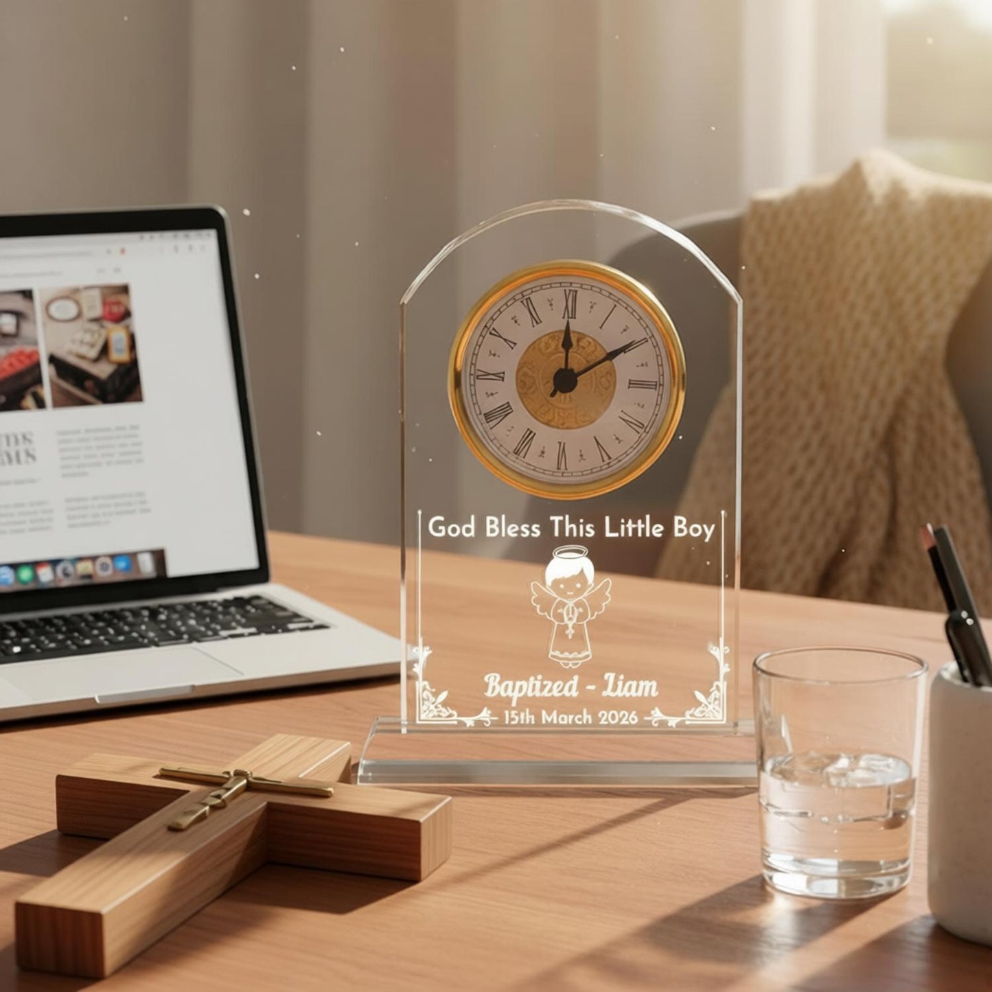 Personalized Crystal Clock for Baptism Gift, God Loves and Blesses You Always