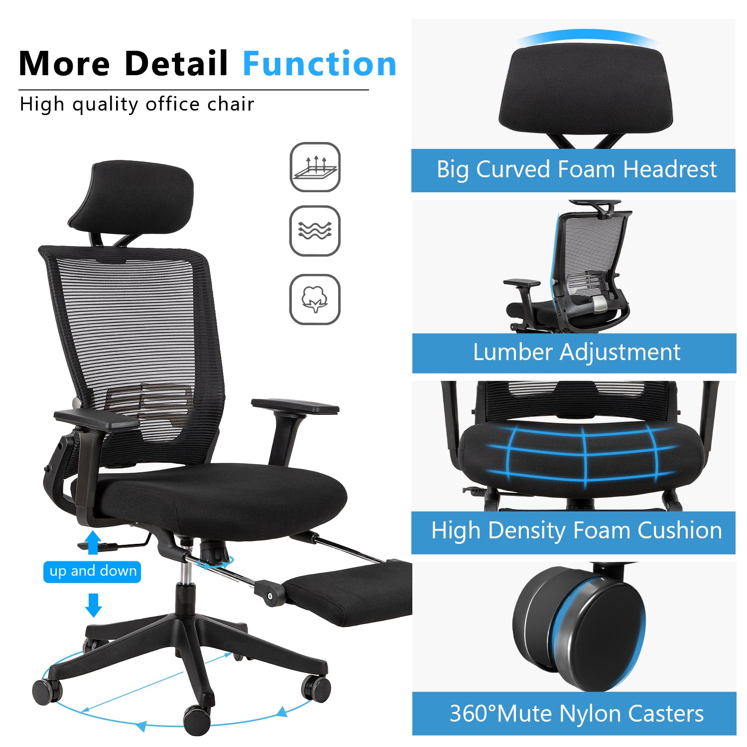 Foldable Mesh Office Chair- High Back with Headrest, Footrest